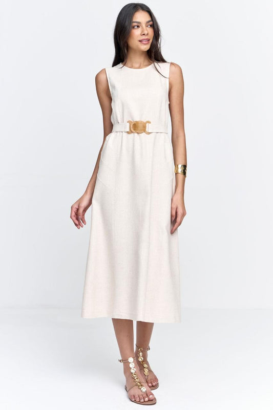 Vestido Viscolinho Com Cinto Natural
