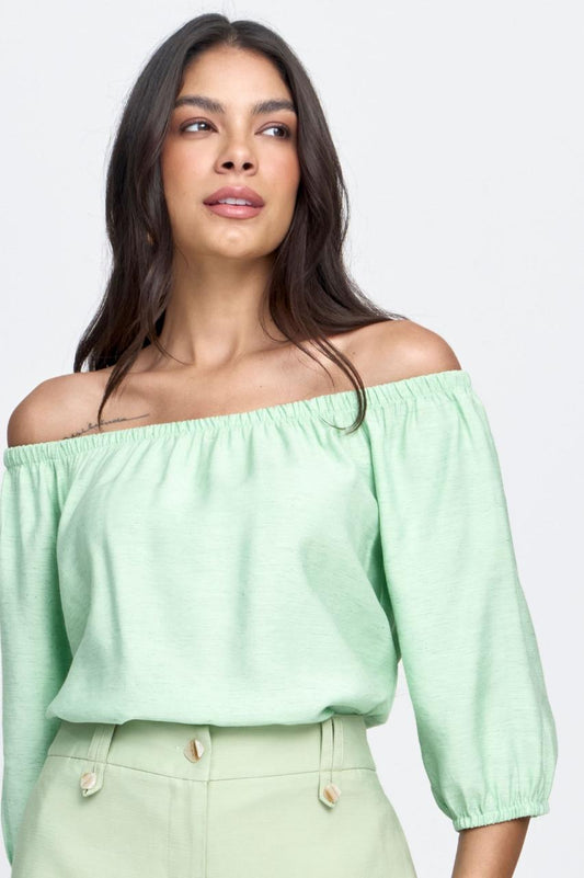 Blusa Viscolinho Misto Ombro a Ombro Verde