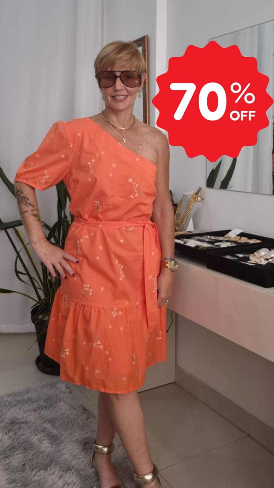 VESTIDO BORDADO UM OMBRO SÓ COM CINTO