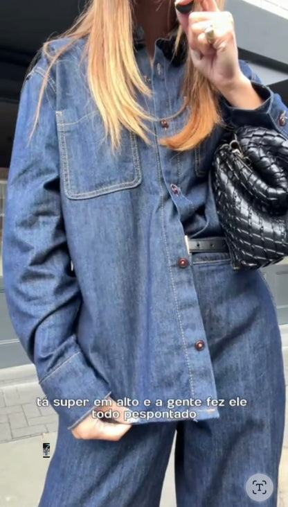 Camisa Jeans Feminina Manga Longa Azul