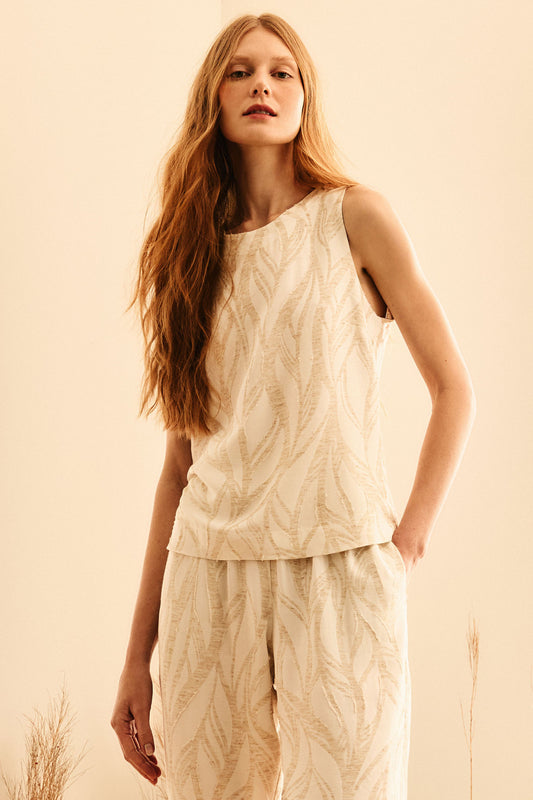 Regata Viscolinho Jacquard com Decote Redondo Natural