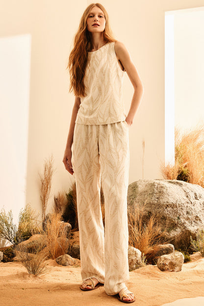 Calça Reta Viscolinho Jacquard com Bolsos Natural